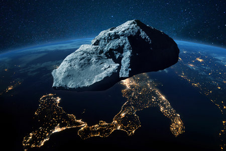 Asteroid flies near the blue planet earth with yellow city lights, view from space space. Danger in...