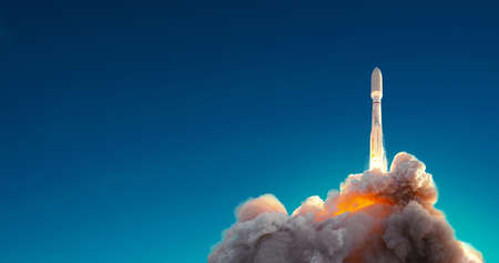 Rocket successfully launched into space against blue sky. Spaceship lift offの写真素材