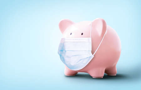 Concept of economic crisis. Creative pig with a medical mask. Money and pills.の写真素材