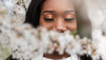 Close-up face of a beautiful happy african black woman with closed eyes in flowers on a spring...