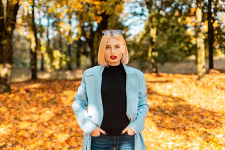 Sunny portrait of a beautiful young business woman in a fashionable blue coat with a sweater on the background of a park with bright yellow autumn foliageの写真素材