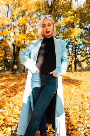 Glamorous beautiful young girl with red lips in a fashion blue coat with a black sweater and jeans in a park with bright yellow autumn leavesの写真素材