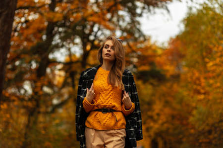 Stylish beautiful english woman in fashionable clothes with a coat and a vintage yellow knitted sweater walks in an autumn park with colored orange foliageの写真素材