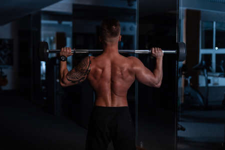 Sports man trainer with muscular back and tattoo on his shoulder doing exercises with dumbbells in the gym on a blue dark backgroundの写真素材