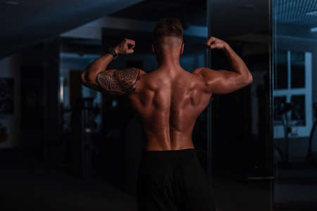 Sporty strong bodybuilder man with muscular back and maya tattoo on his bicep posing in the gym on a...