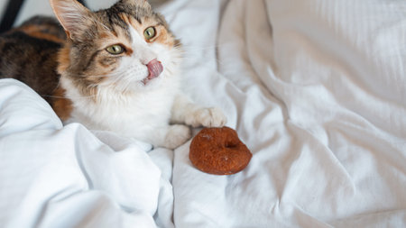 Beautiful funny cat lies on the bed, licks and eats a donut. Tasty sweet food