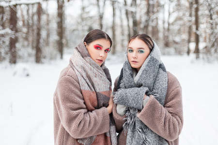 Two pretty young girls models with colored creative make-up in fashion winter clothes with vintage scarves and fur coats in a winter snowy forest. Russian female styleの写真素材