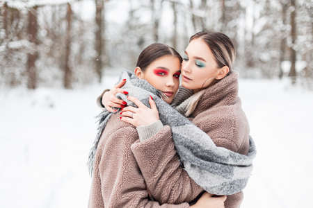 Beautiful young sisters girls with bright makeup in fashionable clothes hug and keep warm in a winter park with snowの写真素材