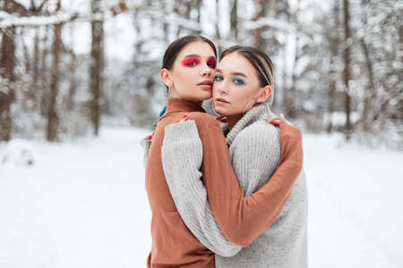 Two beautiful young stylish women model with bright makeup in vintage knitted sweaters hug and warm in a winter park with snowの写真素材