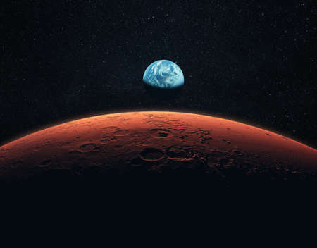 Mars, the red planet with detailed surface features and craters in deep space. Blue Earth planet in outer space. mars and earth, conceptの写真素材