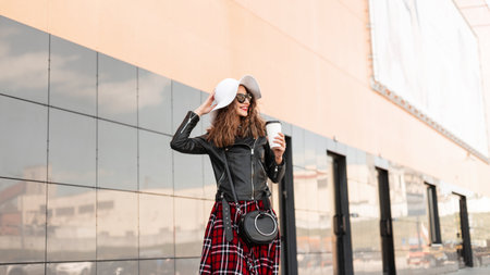 European sweet young woman with red lipstick and smile in fashion youth outfit in hat in sunglasses with cup hot drink travel near store in city. Smiling cool girl walks on city and enjoys hot latte.の写真素材
