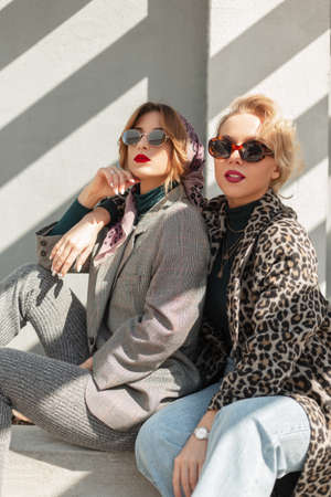 Two fashion pretty young girls with vintage sunglasses in fashionable outfit with leopard coat, blue...
