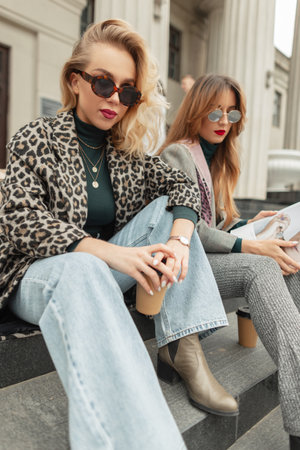 Stylishly beautiful young girls in fashionable clothes drinking coffee and reading a magazine on the steps of the city. Fashion, Style and Beautyの写真素材