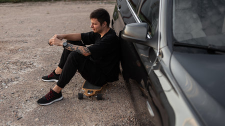 Hipster handsome man model with black clothes and sneakers sits and rest on longboard near a black car. summer weekendの写真素材