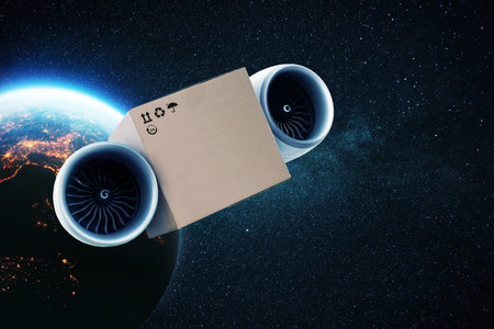 Cargo box with fans flies into space from planet earth with a blue dawn horizon. Successful cargo...