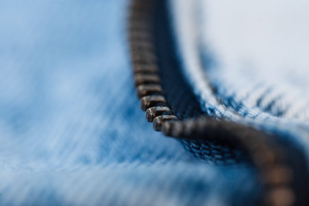 Metal zipper and blue jeans texture, macro. fashion denim