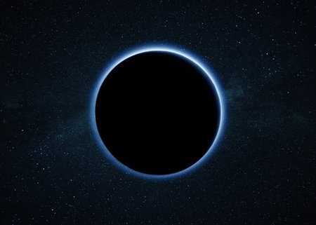 Blue glow planet earth and eclipse in deep starry space. New Horizons Finds Blue Skies and Water Ice...