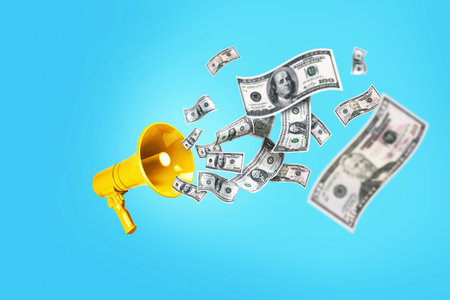 Dollar Money is flying in from the Golden yellow speaker on a blue background, a concept. Jackpot winning, creative idea. Bucks are floating. Successful business and economic development. Bonusの写真素材