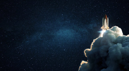 New space shuttle rocket with smoke and blastoff successfully lift off into stellar outer space. Space wallpaper and free copy space for design and textの写真素材