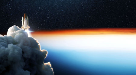Space ship shuttle rocket with blastoff successfully begins mission and takes off into stellar outer...