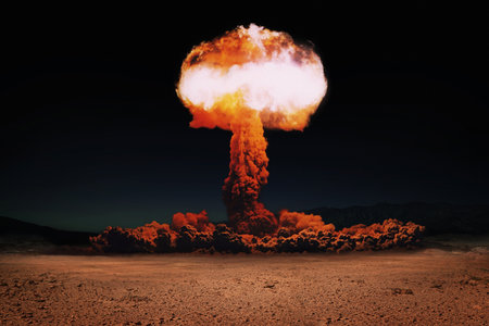 Terrible explosion of a nuclear bomb with a mushroom in the desert. Hydrogen bomb test. World War 3の写真素材