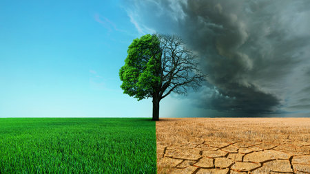 Beautiful green grass field with a tree and a desert with dead earth and dry grass. global warming concept. Save the planet, creative idea. half the tree is alive and deadの写真素材