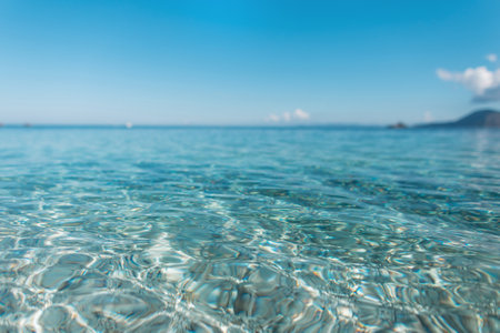 Crystal colored blue sea with clear water on the island of Elba, Italy. Summer sunny vacations and holidays at seaの写真素材