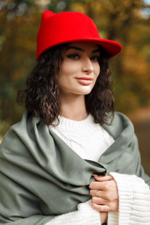 Fashionable beautiful curly woman with red cap and green scarf in fashion knitted sweater walks in autumn parkの写真素材