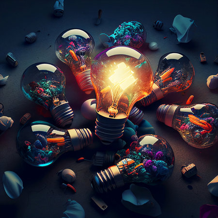 A lot of creative light bulbs on the desktop and one light bulb glows brightly. creative ideas and thoughts. The concept of thinking differentlyの写真素材