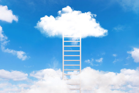 White creative staircase in the clouds. Career growth, creative idea. Skills and success concept. Ladder in blue sky with cloudsの写真素材