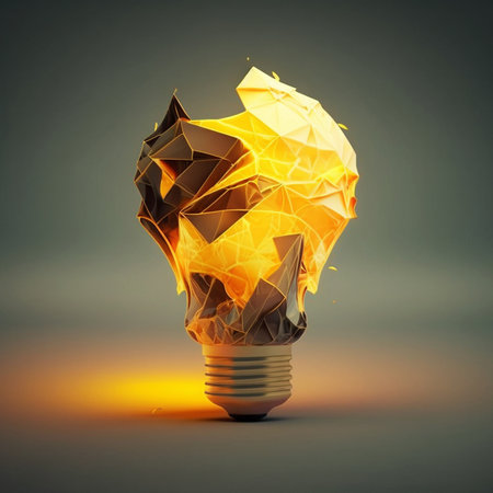 Creative polygonal light bulb glows on a gray background, a creative idea. Think and idea, conceptの写真素材