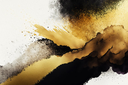 Black and gold water color spray paint on white paper.の写真素材