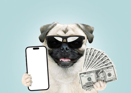 Funny successful happy pug dog in sunglasses holds money and a smartphone. Investment and business online, creative idea. Success and win conceptの写真素材