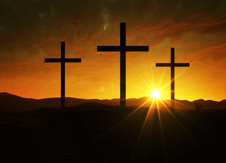Crucifixion of Jesus Christ at dawn - three crosses on the hill at sunset.の写真素材