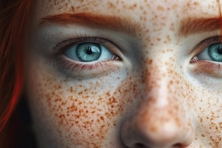Beautiful redhead girl with freckles and amazing blue eyes, close-up. Generative AIの素材