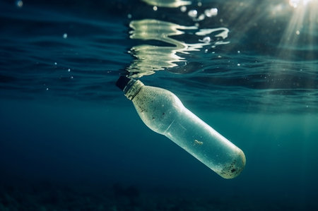 Garbage plastic bottle floats in blue sea water with underwater. Pollution of the environment and oceans.の素材