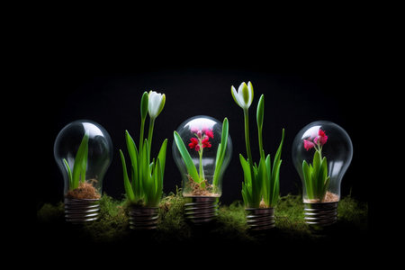 Light bulbs with blooming flowers on a black background. Green energy concept. Save the planet. Environmental pollution, creative ideasの素材