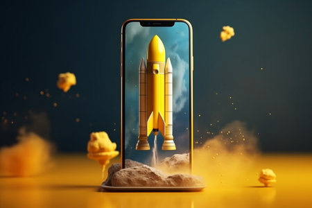 Yellow rocket takes off with smoke from smartphone, creative idea. business growth online. Startup concept. Developmentの素材