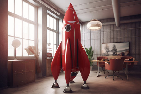 Vintage metallic red rocket in a retro office. concept idea. Business development and startup growth conceptの素材