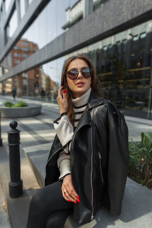 Fashionable beautiful trendy girl with sunglasses in casual urban outfit with leather jacket and sweater sits in the city near a modern buildingの写真素材