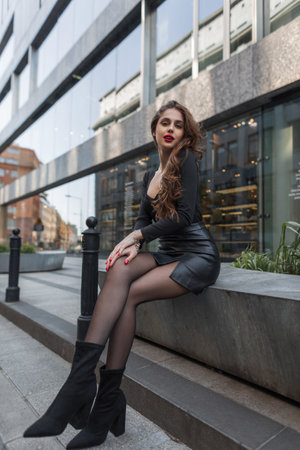 Beautiful chic sexy fashion woman with red lips in elegant clothes with a skirt and heels sits in the cityの写真素材