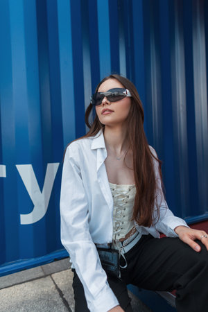 Beautiful stylish girl model in fashionable clothes with a white shirt and sunglasses sits near a blue metal wallの写真素材