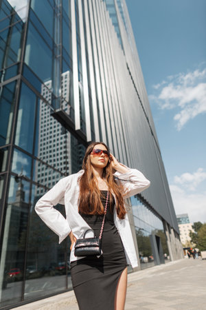 Beautiful fashion young lady with sunglasses in a stylish black dress with a white shirt with a handbag walks in the city near a modern glass buildingの写真素材