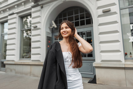 Fashionable beautiful young happy girl with a smile in stylish clothes with a white dress and a black blazer walks in the cityの写真素材