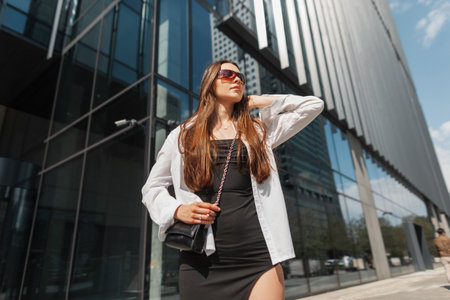 Fashion beautiful young stylish woman with sunglasses in trendy fashion clothes with a white shirt and a black dress with a bag walks in a modern cityの写真素材