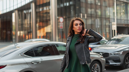 beautiful young fashionable girl with a hairstyle in a trendy fashion street casual outfit with a leather jacket and a green dress walks in a modern cityの写真素材