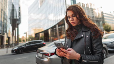 Fashion beautiful woman in stylish clothes with a black leather jacket walks and uses a smart phone in a modern cityの写真素材