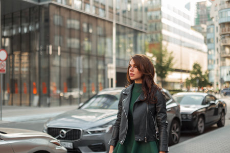 Beautiful young fashionable woman in stylish casual clothes with a green dress and a fashion black leather jacket walks in the city near cars and modern buildingsの写真素材