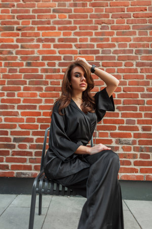 Beautiful elegant young stylish woman in a fashionable black suit with pants and a shirt sits near a red brick wall on the street. Pretty ladyの写真素材