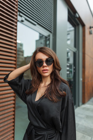 Fashion beautiful glamor chic woman model with vintage cool sunglasses in trendy elegant black clothes walking on the street near the buildingの写真素材